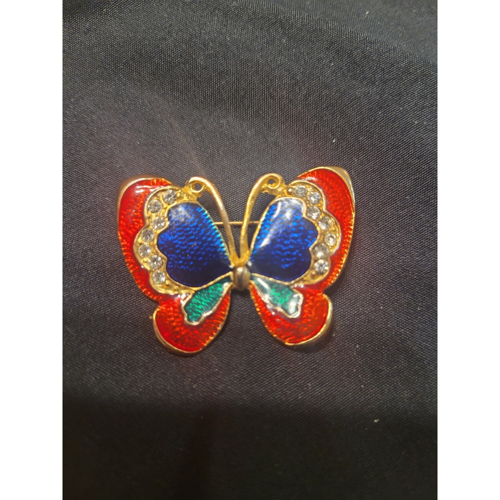 Vintage Butterfly Brooch Red Green Blue Enamel Faux Diamonds Gold Tone Pin 15$